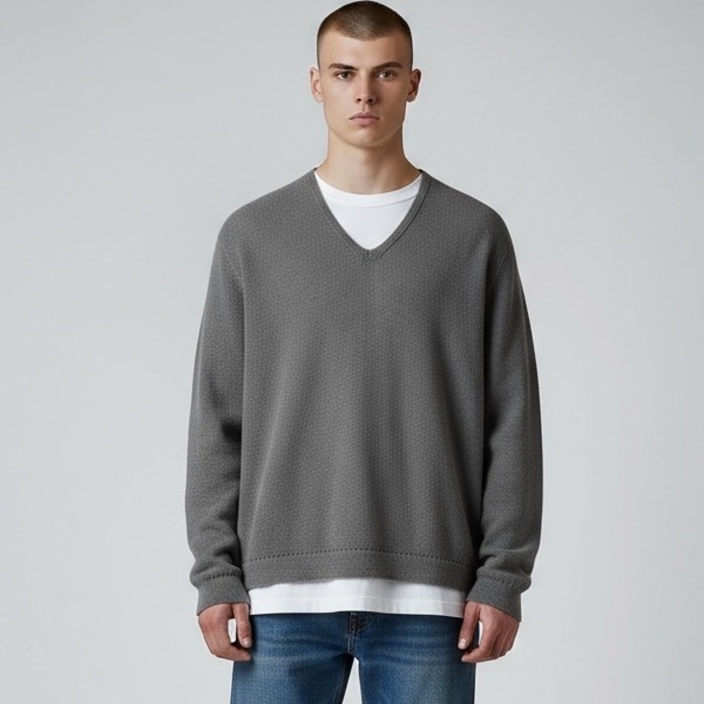 Harvey Rothschild Mens Gray‎ Textured V Neck Long Sleeve Sweater Size M